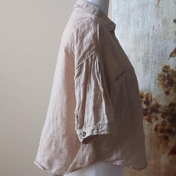 Zara Beige Cropped Linen Shirt Sz M - Picture 3 of 9
